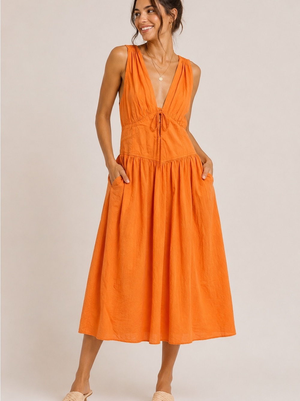 Band of the Free Orange Cotton Midi Dress Plunge Sleeveless Boho XL